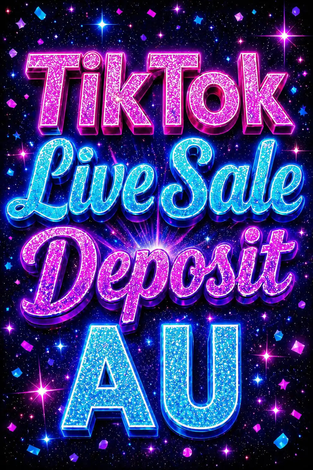 Promotional text for TikTok Live Sale Deposit AU with colorful glittery text on a dark background.