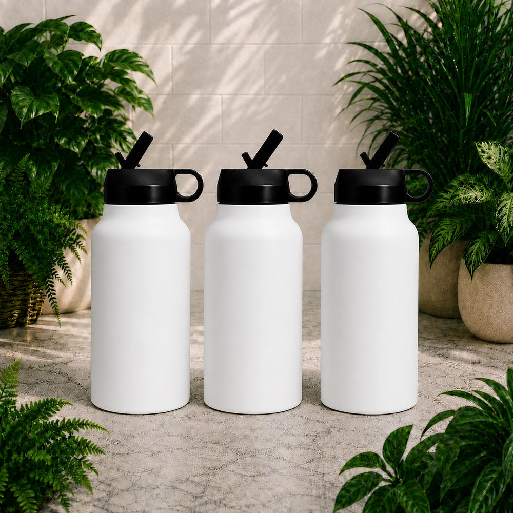 Three white insulated bottles with black lids on a stone surface surrounded by plants.