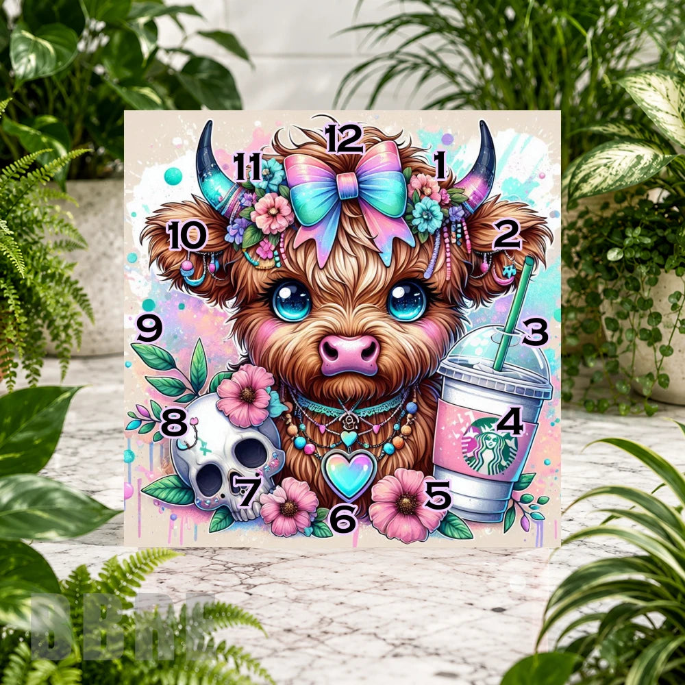Floral Highland Cow Clock Sublimation Wrap