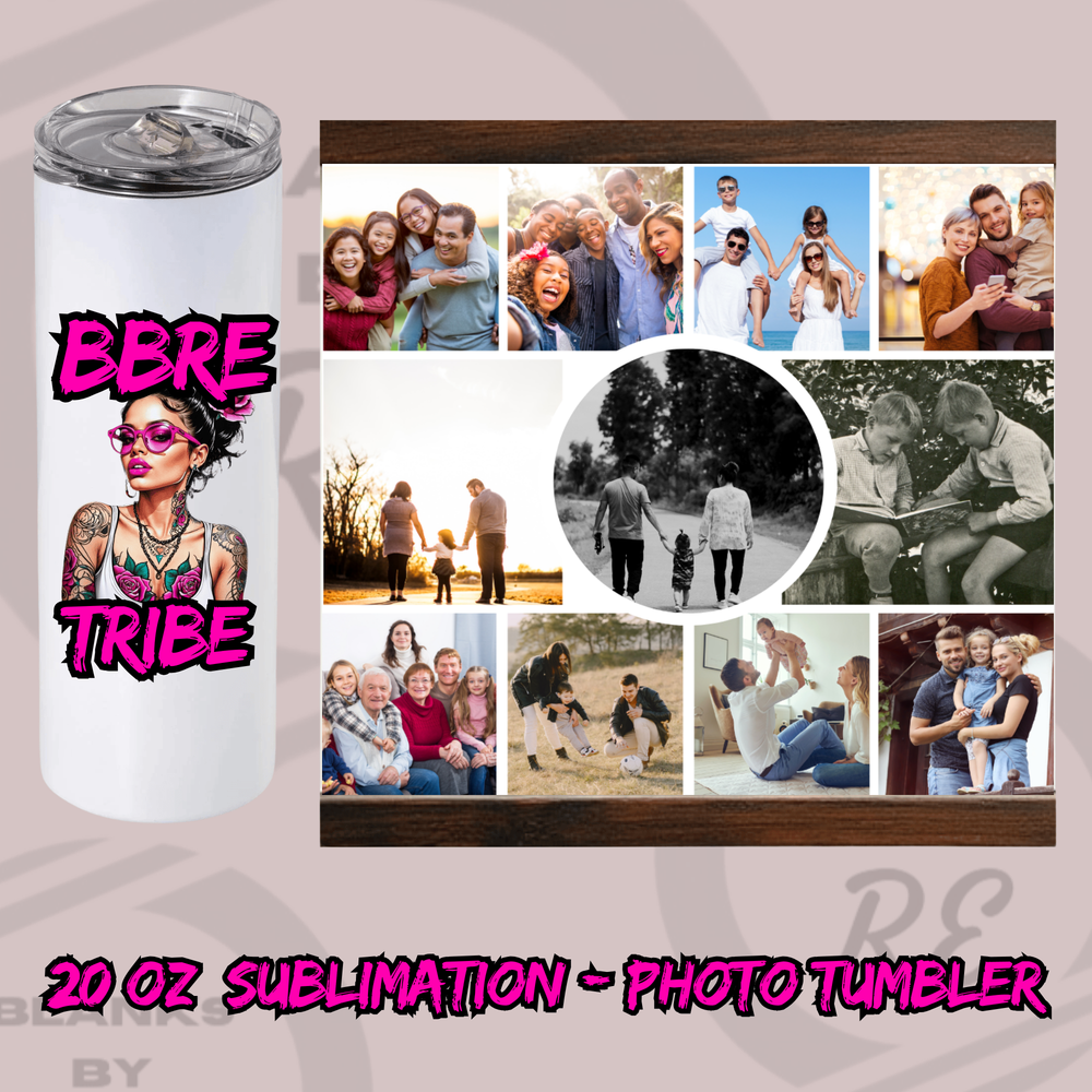 A custom photo tumbler with a white background, featuring various uploaded images of people and pets.