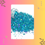 Blue glitter spilling out of a jar on a colorful background