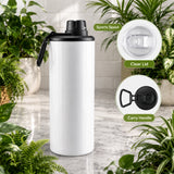 White water bottle with black lid and sports spout on a marble surface with plants in the background