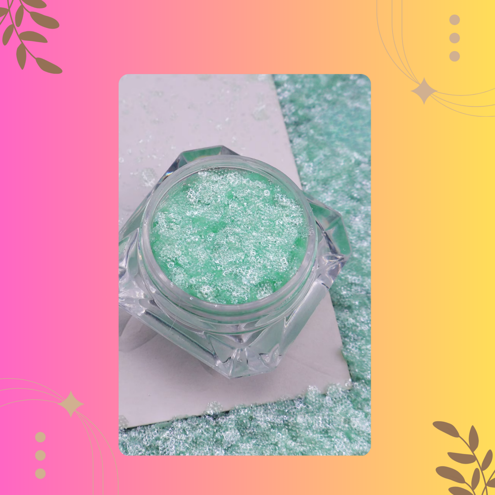 Green glittery powder in a clear jar on a colorful background
