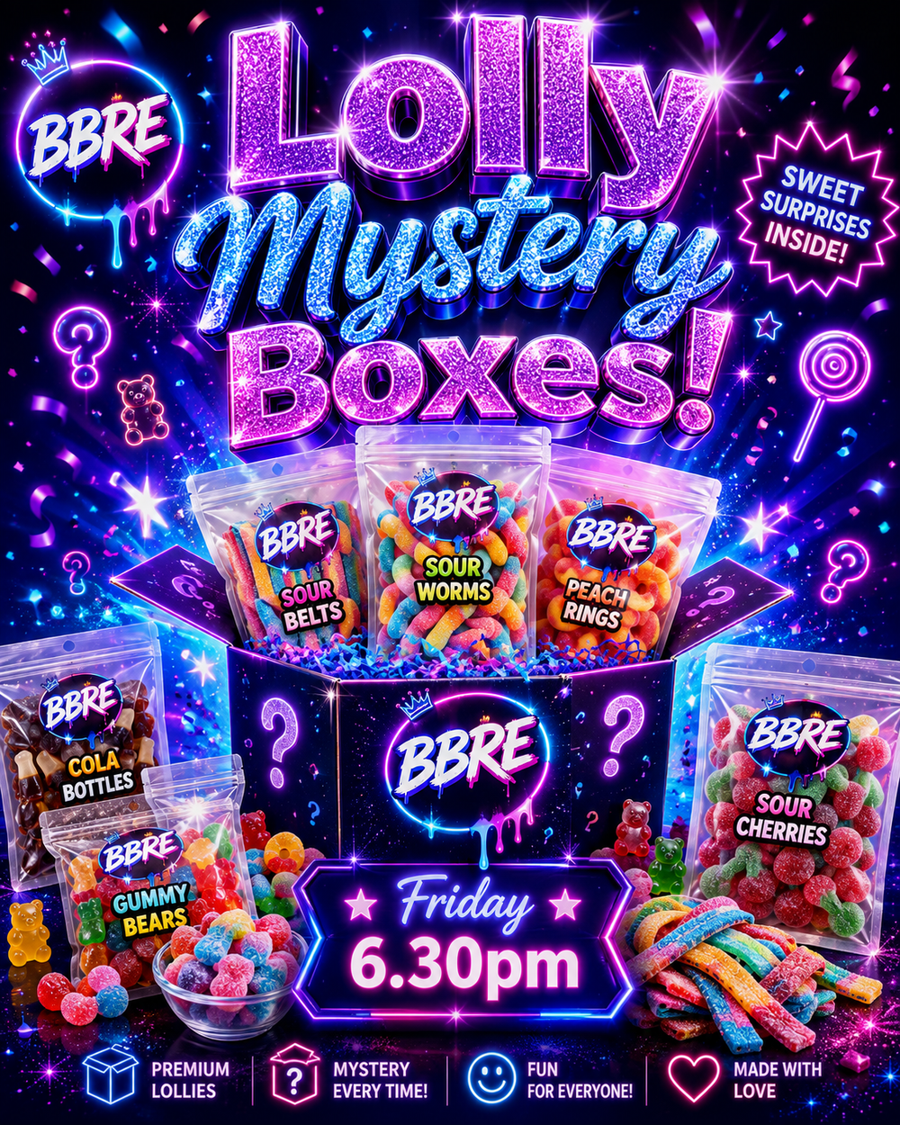 A promotional graphic for BBRE Lolly Mystery Boxes featuring multiple clear bags of assorted gummy candies arranged around a black gift box. The image has a neon, cyberpunk aesthetic with purple and pink glowing text, question marks, candy illustrations, and a dark starry background.