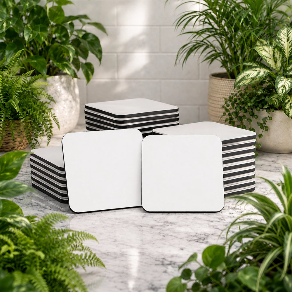 White and black striped cube-shaped ottomans on a marble floor with plants around.
