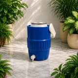 Blue cooler with a can of beer on a marble surface surrounded by plants