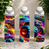 Three colorful water bottles with monster truck designs on a stone surface.