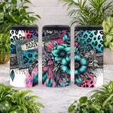 Three can coolers with colorful designs on a wooden surface with plants in the background