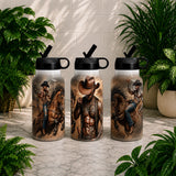 Three water bottles with cowboy-themed designs on a marble surface with plants around.