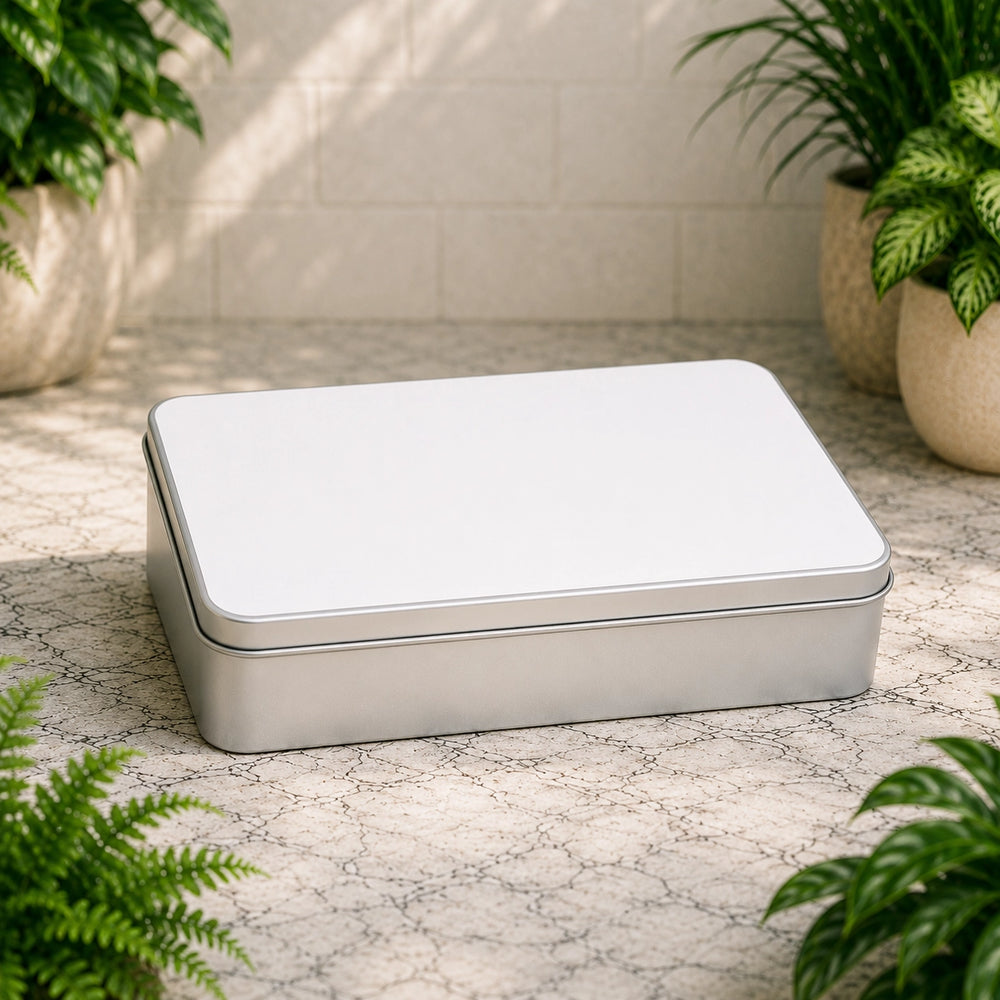 Silver rectangular box on a marble surface with plants around