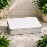 Silver rectangular box on a marble surface with plants around