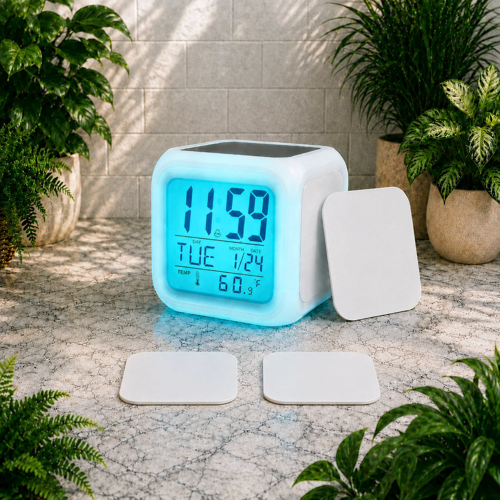 Digital clock with blue LED display on a stone surface with plants around
