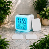 Digital clock with blue LED display on a stone surface with plants around