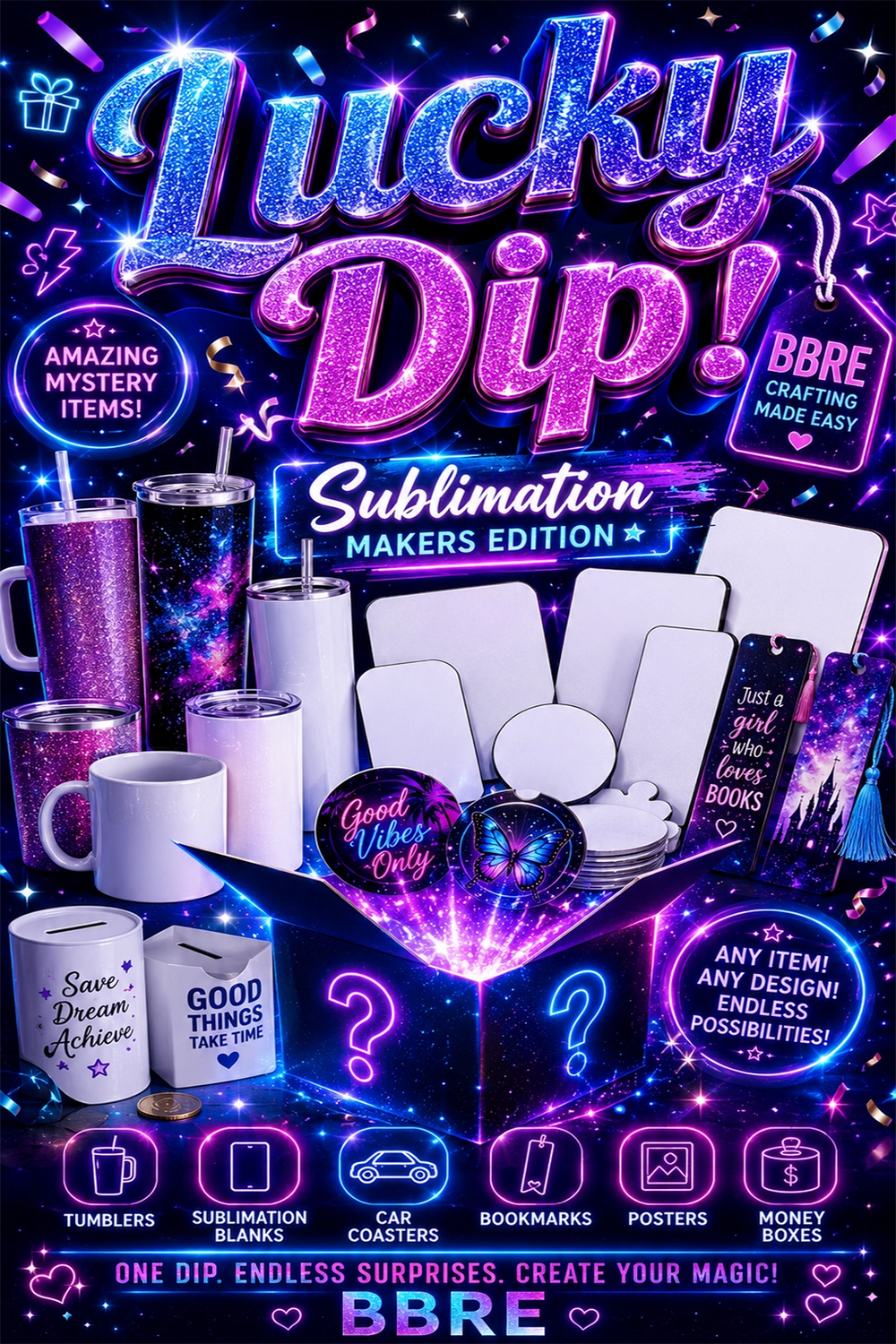 Promotional poster for BBRE Lucky Dip sublimation kit with various items and neon text.