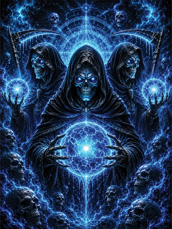 Dark fantasy artwork of three hooded grim reapers with glowing blue skulls and hands, surrounded by skulls and crackling blue energy, with a bright central orb and circular energy patterns in the background.
