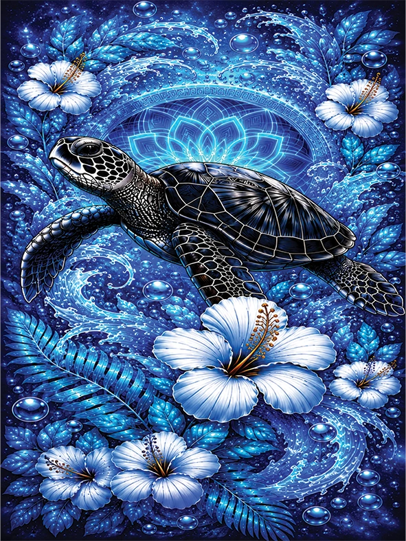 A vibrant blue and black graphic design featuring a sea turtle swimming amidst white hibiscus flowers, glowing blue waves, and a mandala motif in the background.