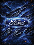 A Ford logo centered over a dramatic dark blue and black textured background with electric lightning effects and repeated Ford branding.
