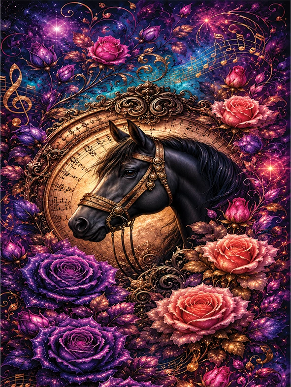 Fantasy artwork of a black horse wearing ornate gold bridle gear, surrounded by large pink and purple roses, musical notes, and a glowing cosmic background with purple, blue, and gold tones.