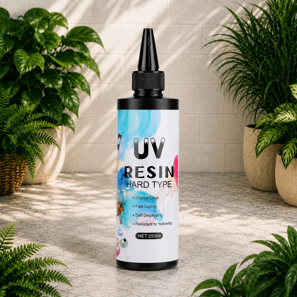 Bottle of UV Resin Hard Type with plants in the background