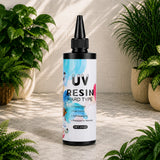Bottle of UV Resin Hard Type with plants in the background