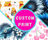 Collage of various designs with 'CUSTOM PRINT' in the center, including cartoon characters and nature-themed elements.