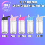 Five acrylic snow globe kids bottles in black, pink, hot pink, blue, and white on a gradient purple background.