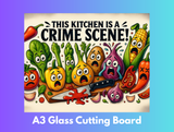 Cartoon vegetables with a knife and blood on a cutting board, labeled 'This Kitchen is a Crime Scene', on a blue and purple gradient background.