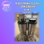 Two stainless steel can coolers with a purple border and text about the product.