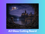 Fantasy scene with a castle, owl, and person by a lake under a moonlit sky, with 'A3 Glass Cutting Board' text at the bottom.