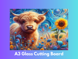 A3 glass cutting board with a colorful design of a cow and flowers on a blue and purple gradient background.