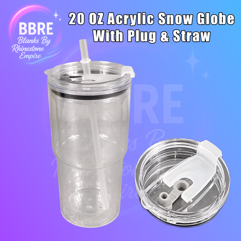 Clear acrylic snow globe tumbler with plug and straw on a blue background, featuring BBRE Blanks By Rhinestone Empire branding.