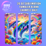 3D sublimation tumbler blanks with dolphins and rainbow design on a purple background, featuring BBRE logo.