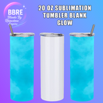 Three 20 oz sublimation tumblers with blue and white designs on a purple background, featuring BBRE Blanks By Rhinestone Empire branding.