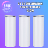 Three 20 oz sublimation tumblers on a purple background with BBRE branding.