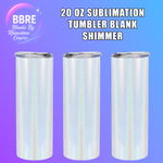 Three iridescent tumblers on a purple background with 'BBRE Blanks By Rhinestone Empire' branding.