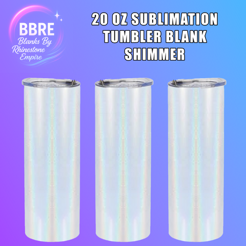Three iridescent tumblers on a purple background with 'BBRE Blanks By Rhinestone Empire' branding.