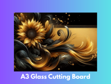 Decorative glass cutting board with artistic design on a gradient background