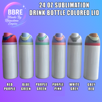 Set of 24 oz sublimation drink bottles with colored lids on a blue and purple gradient background.