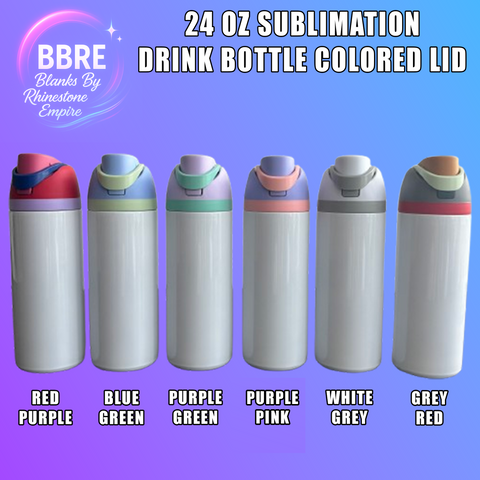 Set of 24 oz sublimation drink bottles with colored lids on a blue and purple gradient background.