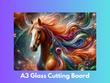 Colorful horse illustration with swirling patterns on a gradient background, labeled 'A3 Glass Cutting Board'.
