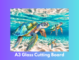 Two turtles swimming underwater with a purple border and text about an A3 glass cutting board.