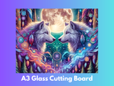 Two wolves facing each other with a colorful design and moon in the background, labeled 'A3 Glass Cutting Board'.