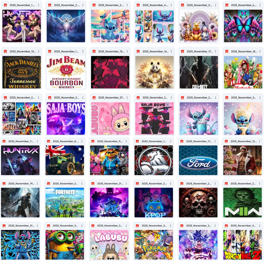 Grid of various colorful album covers and brand logos.