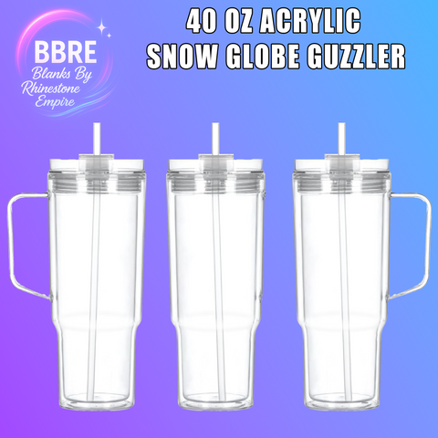 3 clear acrylic tumblers with handles and straws on a purple background, branded 'BBRE Blanks By Rhinestone Empire'.