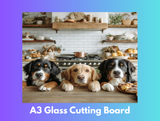Three dogs on a kitchen counter with a glass cutting board overlay