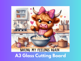 Cartoon cow baking in a kitchen with text 'Baking my feelings again' on a colorful background.