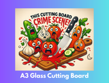 Cartoon illustration of vegetables on a cutting board with a knife, labeled 'This Cutting Board Crime Scene'.
