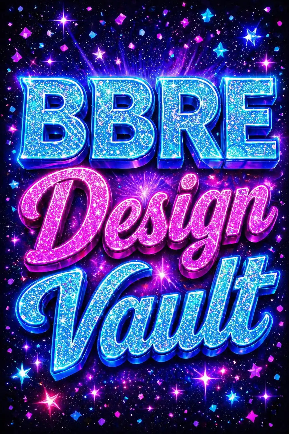 Decorative cover with 'BBRE Design Vault' text in glittery blue and pink on a dark background with stars.