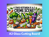 Glass cutting board with cartoon vegetables and text on a purple background