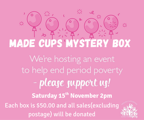 Pink flyer for a 'Made Cups Mystery Box' event to help end period poverty, with balloons and text.